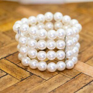 7 inch, Vintage Multi White Faux Pearl Beads Beaded Bracelet - H37